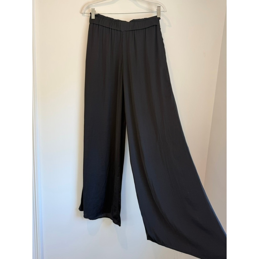 Zara Black Silky Viscose High Rise Elastic Waist Wide Leg Pants, Size S